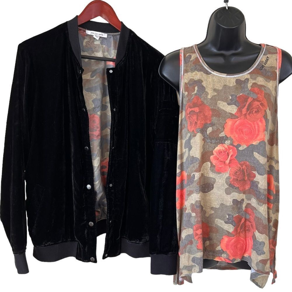 2pc Peace Love World “I Am Blessed” Velvet Bomber Jacket & Floral Camo Tank Set